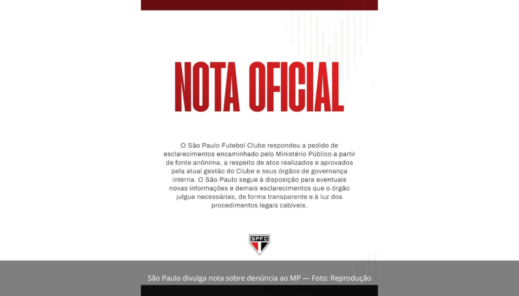 São Paulo divulga nota sobre denúncia ao MP
