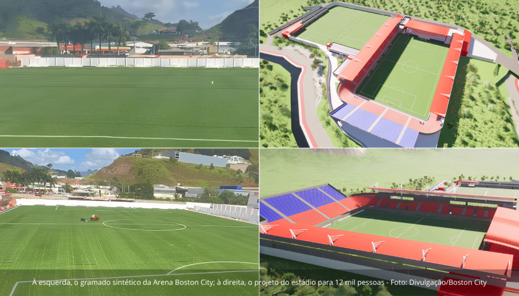 À esquerda, o gramado sintético da Arena Boston City; à direita, o projeto do estádio para 12 mil pessoas