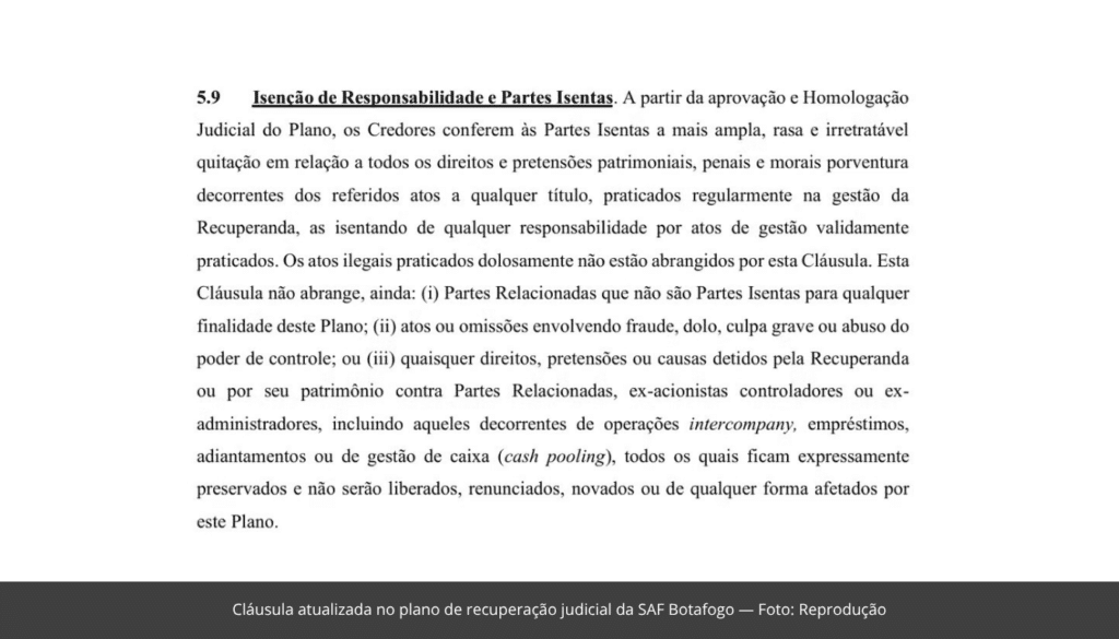 Cláusula atualizada no plano de recuperação judicial da SAF Botafogo